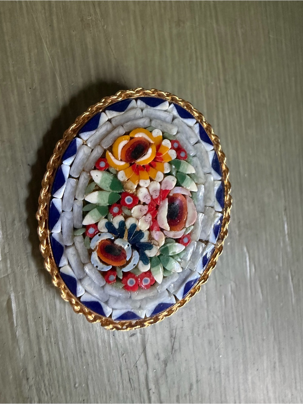 Handcrafted Floral Micro-Mosaic Accent Oval Pin – Multicolor Italy